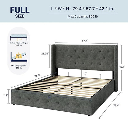 Allewie Full Size Lift Up Storage Bed, Button Tufted Headboard with Wingback, Hydraulic Support, No Box Spring Needed, Dark Grey