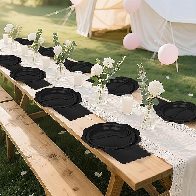 96 Pcs Black Paper Plates and Napkins Set Party Supplies, Tableware set for 24 Guest include Disposable Black Scalloped Plates, Napkins and Forks for Birthday Wedding Picnic