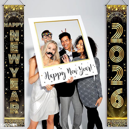 KatchOn, Large Happy New Years Door Banner 2026-72x12 Inch | Black and Gold Hanging Porch Sign | Happy New Year 2026 Banner | New Years Eve Party Supplies for Outdoor, Indoor | Home Wall Decor