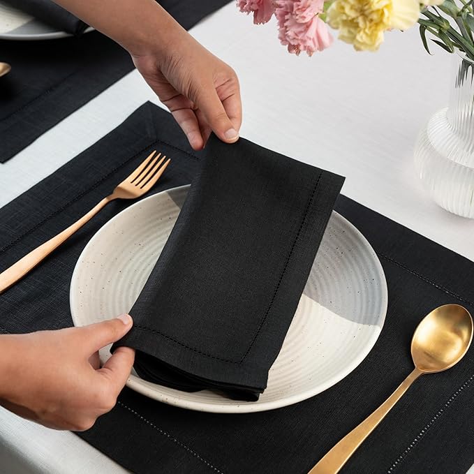 D'Moksha Homes Black Linen Napkins Set of 4 - Classic Hemstitch 100% Pure Linen Hemstitch Dinner Napkins 20 x 20 Inch for Winter, Christmas, Holiday - Handcrafted and Machine Washable
