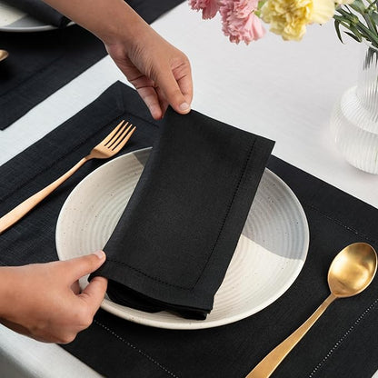 D'Moksha Homes Black Linen Napkins Set of 6 - Classic Hemstitch 100% Pure Linen Hemstitch Dinner Napkins 20 x 20 Inch for Winter, Christmas, Holiday - Handcrafted and Machine Washable