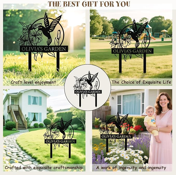 Personalized Garden Sign with Hummingbird & Flower Design – Custom Metal Yard Stake, Outdoor Lawn Name Plaque, Weatherproof Garden Decor, Gift for Gardeners & Housewarming