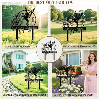 Personalized Garden Sign with Hummingbird & Flower Design – Custom Metal Yard Stake, Outdoor Lawn Name Plaque, Weatherproof Garden Decor, Gift for Gardeners & Housewarming