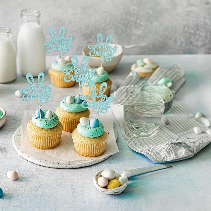 Ephlyn 24Pcs Happy Easter Cupcake Toppers - Blue Glitter Rabbit Ear Picks Decorations for Easter Day Theme, Baby Shower, Kids Birthday Party Supplies