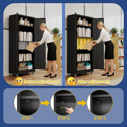 Metal Storage Cabinet with Doors and Adjustable Shelves, 73" Steel Garage Storage Cabinets with Wheels, Locking Tool Cabinet Utility Cabinets for Garage,Bathroom,Kitchen,Home Office,School