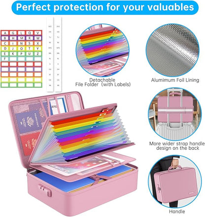 ENGPOW Fireproof File Organizer Bag with 13 Colorful Pockets Accordion File Folder,5200℉ Document Organizer Box with Lock&Labels,Multi-Layer Portable Home Safe Storage for Important Documents,Pink