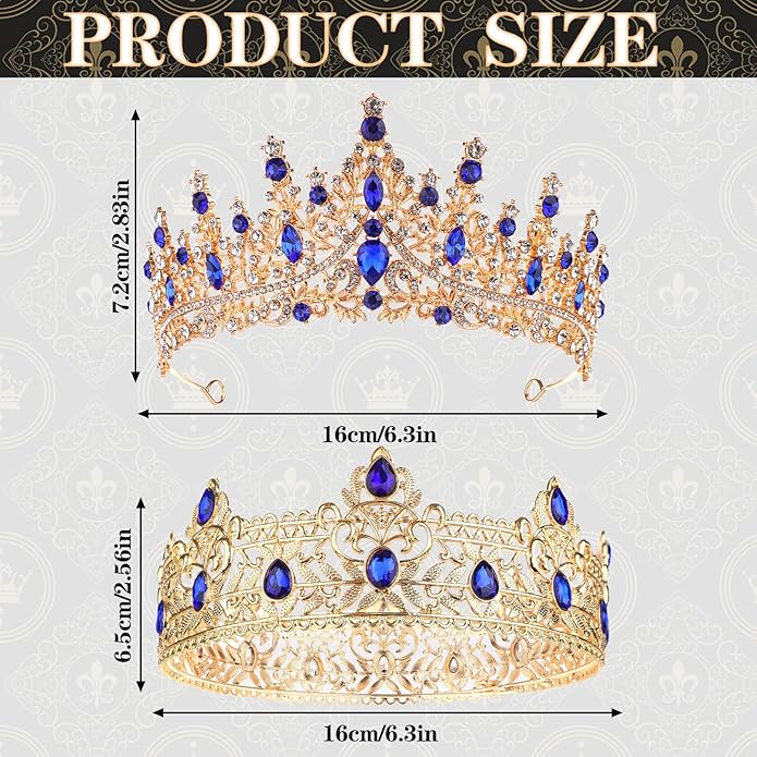 2 Pcs King and Queen Crowns Set King Crowns for Men Royal Crown with Black Rhinestone Crystal Crowns for Women Princess Crown Tiara Costume Headwear for Wedding Homecoming Party Decorations