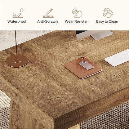 Tribesigns 55-Inch Executive Desk, Thick Wood Office Computer Desk with Double Pedestal, Modern Minimalist Workstations Writing Table Conference Table Furniture for Home Office, Light Brown