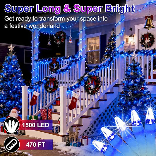 1500 LED 470FT Christmas String Lights Outdoor, 12 Pro Modes and Timer Memory & Brightness, Plug in Waterproof Clear Wire Twinkle Light for for Xmas Yard Tree Wedding Party Decor (Blue)