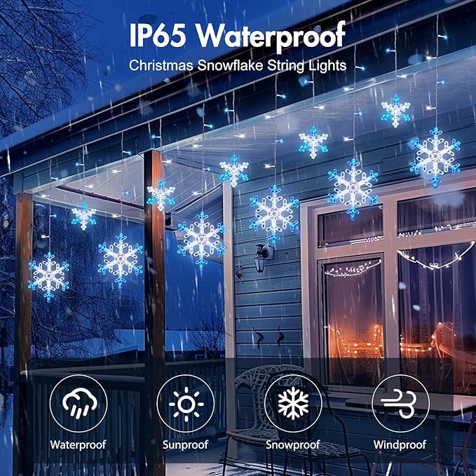 Minetom Christmas Snowflake Lights - 2 Pack 13 ft 192 LED Icicle Lights with 16 Drops, 12 Modes and Timer, IP65 Waterproof Connectable Christmas Light for House Eave Window Indoor Outdoor Decoration