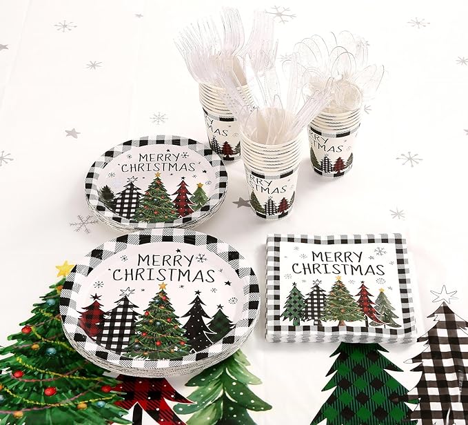 Christmas Plates Disposable Party Set with Plates and Napkins, Cups, Tablecloth Kit Serves 24 Guests, Christmas Tree Pattern Disposable Dinnerware Set for Xmas Holiday Party Disposable Supplie