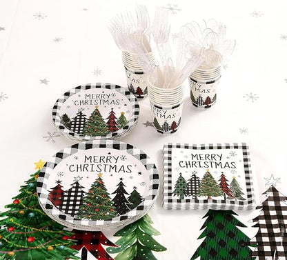 Christmas Plates Disposable Party Set with Plates and Napkins, Cups, Tablecloth Kit Serves 24 Guests, Christmas Tree Pattern Disposable Dinnerware Set for Xmas Holiday Party Disposable Supplie