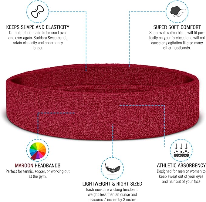 Suddora Workout Headband for Men and Women, Moisture-Wicking Athletic Sweatband, Lightweight Cotton Terry Cloth Bands for Basketball, Tennis, Football, Gym, Running, Cosplay & Costumes