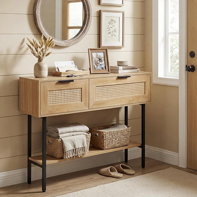 Giantex Rattan Console Table with Storage, 40" Boho Entryway Table w/ 2 Flip Door Cabinets & Shelf, Metal Frame, 2 Anti-Tipping Kits, Narrow Long Behind Couch Sofa Table for Entrance Hallway, Natural