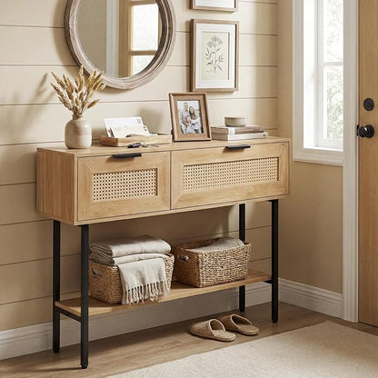 Giantex Rattan Console Table with Storage, 40" Boho Entryway Table w/ 2 Flip Door Cabinets & Shelf, Metal Frame, 2 Anti-Tipping Kits, Narrow Long Behind Couch Sofa Table for Entrance Hallway, Natural