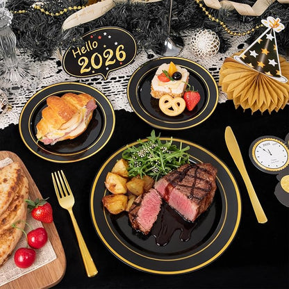 350 Pieces Black and Gold Plastic Plates with Disposable Silverware, Include 50 Dinner Plates 9”, 50 Dessert Plates 6.3”, 50 Black Cups 9 OZ, 50 Pre Rolled Napkins for New Year