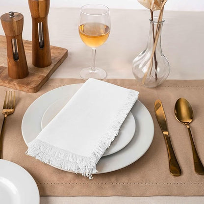 Blue Needles Handmade Cotton Linen Cloth Napkins with Fringes - Set of 6 Ivory Dinner Table Napkins 18x18 Inch Hemmed Edges Washable, Soft, Reusable, Perfect for Fall Thanksgiving & Family Dinner