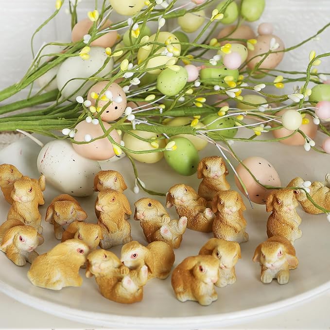 DR.DUDU 24 PCS Mini Bunnies Easter Decor - Mini Resin Animals Rabbits, Miniature Figurines Tiny Animals to Hide, Easter Egg Filler Stuffers DIY Crafts Fairy Gardens Table Decor (Brown)