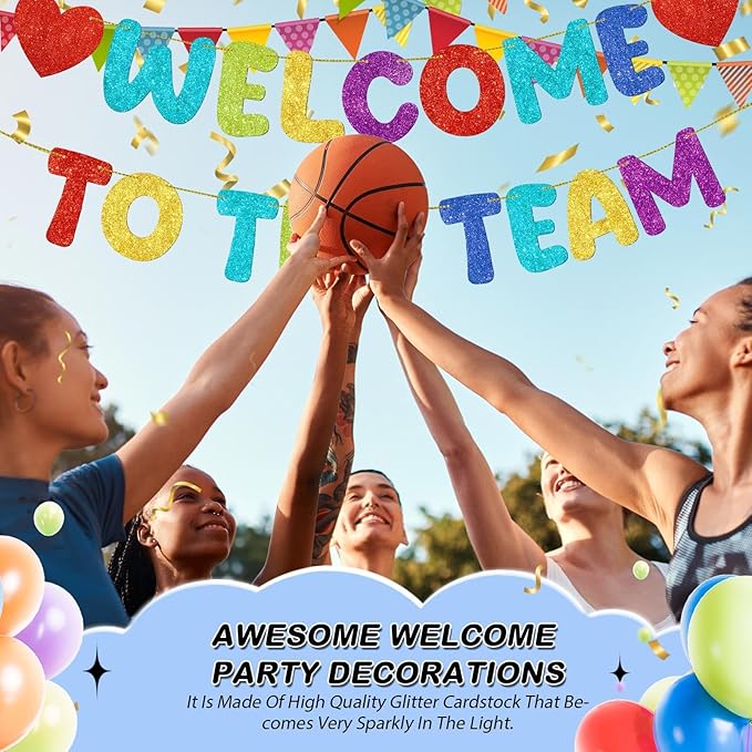 Fulmoon Pre Strung Welcome to The Team Banner with Two Heart Signs, NO DIY, Glitter Welcome Party Supplies for New Employee, Coworker, Colleague, Staff, Team Member Office Decorations (Colorful)
