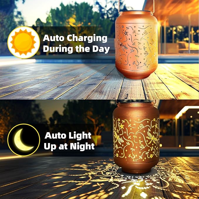 Solar Lanterns Outdoor Waterproof, Dragonfly Hanging Solar Powered Lantern, Hollowed-Out Metal Decor Lantern, LED Decorative Garden Light - Outdoor Garden Decoration for Patio, Yard, Pathway, Lawn
