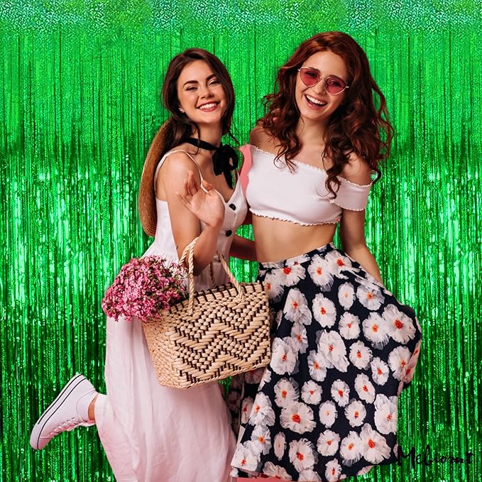 4 Pack Green Fringe Curtain Backdrop, 3.2Ft x 8.2Ft Sparkle Metallic Tinsel Foil Fringe Streamers Background for Photo Booth Birthday Wedding Baby Shower Party Thanksgiving Christmas Decorations