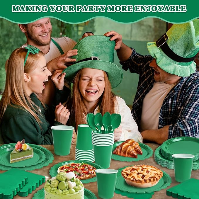 Vyntra 350 PCS Disposable Plates for Party, Paper Plates & Napkins Set with Cups, Knives, Forks, Spoons, 7'' Dessert and 9'' Dinner Plates for Birthday, Christmas, St. Patrick's Day - Green