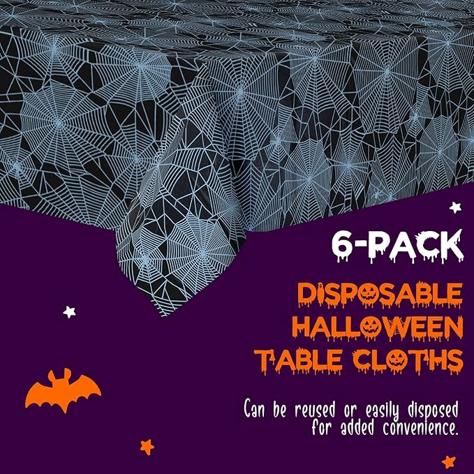 Halloween Tablecloth, 6-Pack Disposable Table Cloths, Pumpkins and Spider Web Plastic Covers, 54 x 108 Inches, Party Decorations