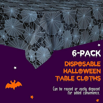 Halloween Tablecloth, 6-Pack Disposable Table Cloths, Pumpkins and Spider Web Plastic Covers, 54 x 108 Inches, Party Decorations