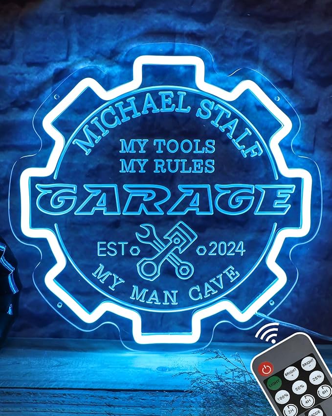 Custom Garage Neon sign for Wall Decor with Timing Remote, Personalized Gear Garage LED Neon Light for Man Cave, Home Bar, Workshop, Son Dad Birthday Gift ICE BLUE