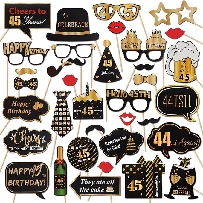 LINGTEER Happy 45th Birthday Party Photo Booth Props,Cheers to 45th Birthday 45th Years Old Bday Party Centerpieces Props Decorations Sign.
