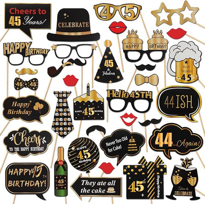 LINGTEER Happy 45th Birthday Party Photo Booth Props,Cheers to 45th Birthday 45th Years Old Bday Party Centerpieces Props Decorations Sign.