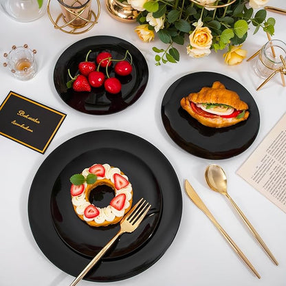 I00000 200 PCS Black Plastic Plates for 100 Guests Include: 10.25 inch 100 Pieces Dinner Plate and 7.5 inch 100 Pieces Dessert Plate, Premium Halloween Plastic Plates Perfect for Party & Halloween