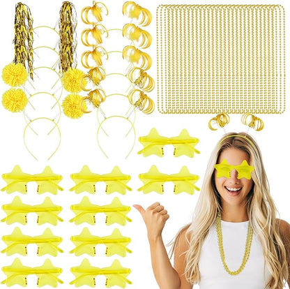 50 Pcs Gold Holiday Team Spirit Party Accessories Pom Pom Party Headbands Star Shape Sunglasses Bead Necklaces Stuff Favors for Birthday Wedding Supplies(Classic)