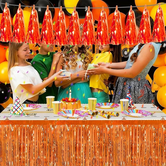 3P Orange Tassel Banner Garland Metallic Foil Fringe Banner Tinsel Tassels Streamer Banner Backdrop for Parade Floats, Graduation Decorations, Father's Day, Fall, Thanksgiving Party Decoration