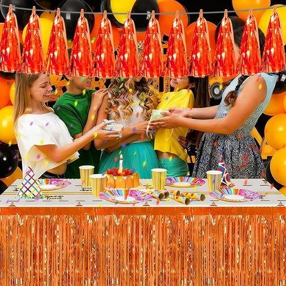 3P Orange Tassel Banner Garland Metallic Foil Fringe Banner Tinsel Tassels Streamer Banner Backdrop for Parade Floats, Graduation Decorations, Father's Day, Fall, Thanksgiving Party Decoration