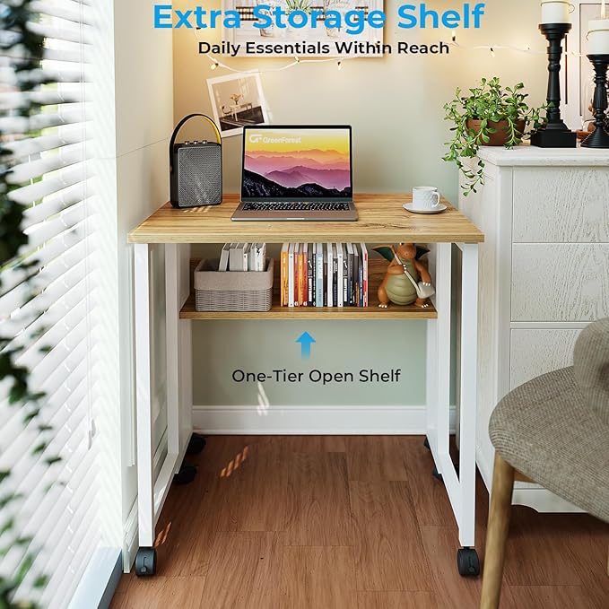 GreenForest Folding Desk Small Rolling Desk with Storage Shelf,31.5 inch Foldable Computer Desk with Wheels for Small Space, Easy Assembly,Oak