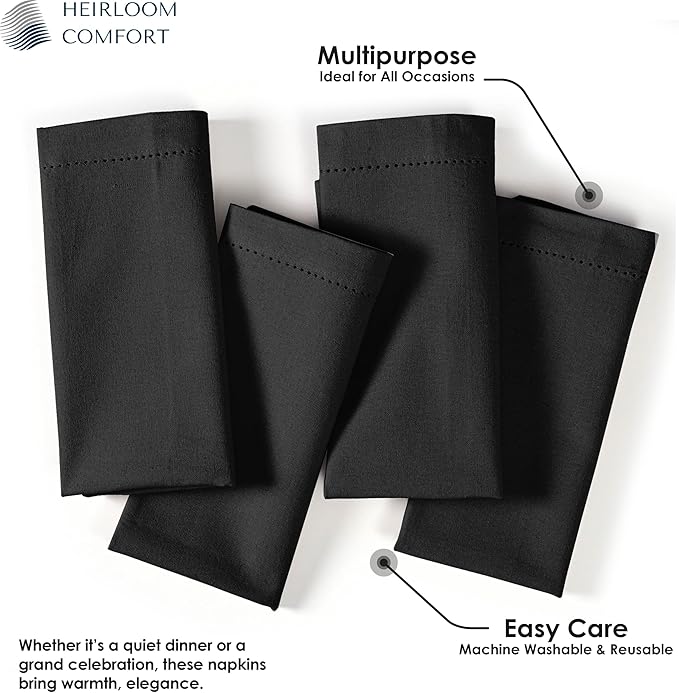 Black Cloth Napkins 18"x18" - Set of 12 - Absorbent, Soft, Durable, Washable, Reusable 100% Cotton - Hemstitch Mitered Edges - Ideal for Everyday, Parties, Weddings, Formal Dinners
