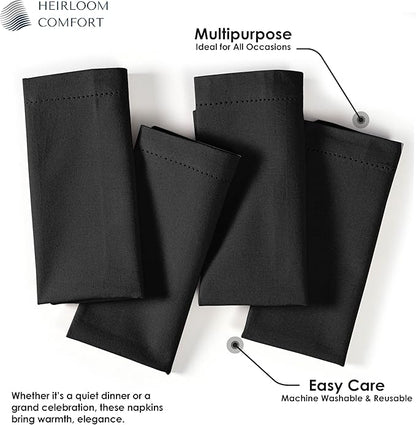 Black Cloth Napkins 18"x18" - Set of 12 - Absorbent, Soft, Durable, Washable, Reusable 100% Cotton - Hemstitch Mitered Edges - Ideal for Everyday, Parties, Weddings, Formal Dinners