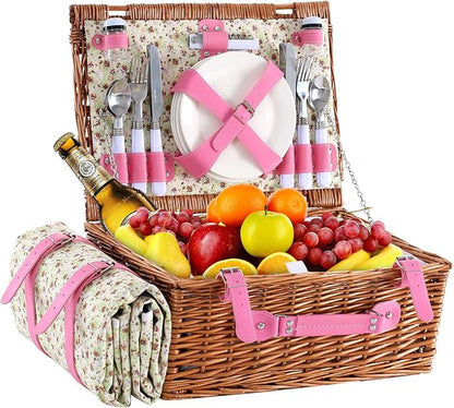 Wicker Picnic Basket for 4 with Waterproof Picnic Blanket and Insulated Cooler, Willow Hamper for Camping, Outdoors, Photoshoot, or a Birthday, Valentine’s Day, Wedding Gift, Pink