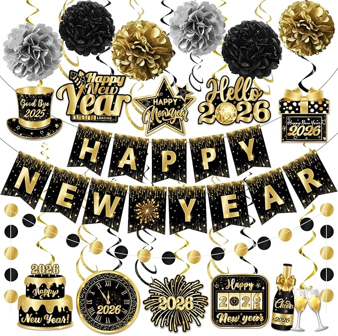 2026 New Years Decorations, NYE Party Supplies includes Happy New Year Banner Hanging Swirls and Black and Gold Tissue Pom Poms, New Year Hanging Swirls for Indoor Outdoor Classroom Office
