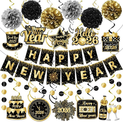2026 New Years Decorations, NYE Party Supplies includes Happy New Year Banner Hanging Swirls and Black and Gold Tissue Pom Poms, New Year Hanging Swirls for Indoor Outdoor Classroom Office