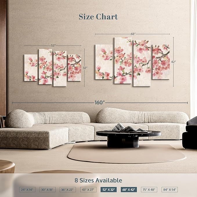 Elephant Stock Cherry Blossom Composition I Wall Art - Horizontal Canvas - 4-Piece Living Room Wall Decor - Branch Painting Canvas Print - Pink and Green Decor for Wall by Tim O'Toole - 68" X 42"