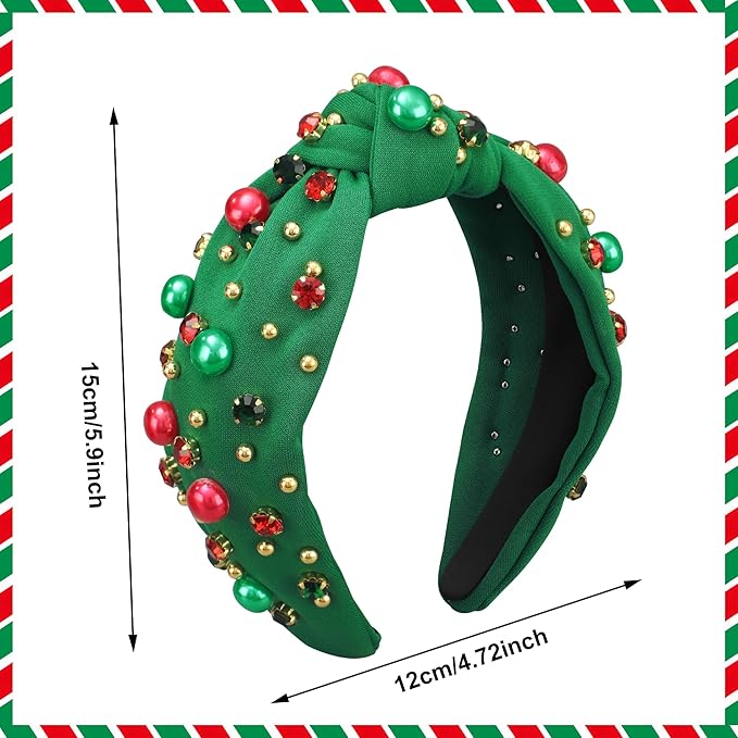 Christmas Headband for Women Xmas Bow Knotted Headbands Green Jeweled Crystal Top Knot Hairband Rhinestone Pearl Wide Head Band for Christmas Holiday Hair Accessories Costume Party Outfits Gifts