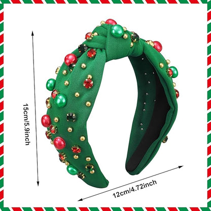 Christmas Headband for Women Xmas Bow Knotted Headbands Green Jeweled Crystal Top Knot Hairband Rhinestone Pearl Wide Head Band for Christmas Holiday Hair Accessories Costume Party Outfits Gifts
