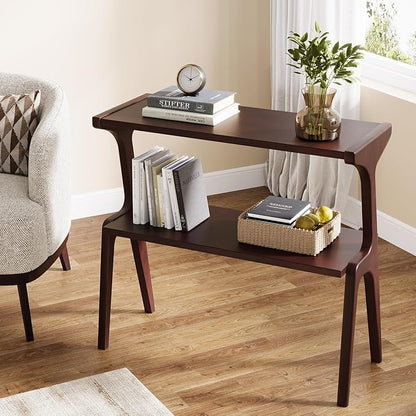 Tribesigns Solid Wood Side Table, 2-Tier Narrow Tall End Table with Storage Shelves, Slim Side Table for Couch, Long Bedside Table for Bedroom, Living Room, Burgundy