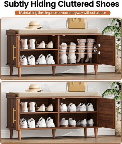 Rattan Shoe Storage Bench with Cushion, 2-Tier Entryway Bench with Adjustable Shelves and 2 Doors, 15" D x 39.4" W x 20" H, Solid Wood Legs, for Hallway, Living Room, Bedroom, Walnut