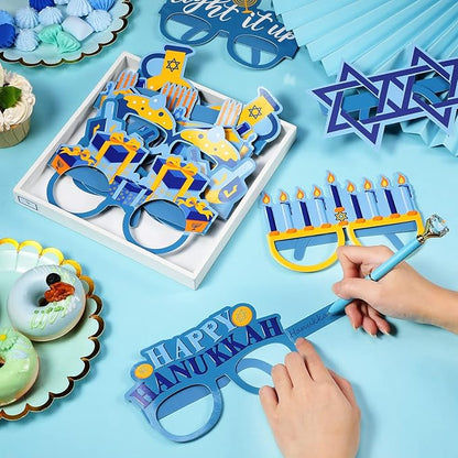 36 Pack Happy Hanukkah Party Eye Glasses Chanukah Paper Eye Glasses Frame Star Light It up Menorah Paper Eyewear Photo Prop for Kids Adults Party Favors,15.8 x 5 Inches