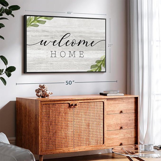 Elephant Stock Rustic Welcome Home Wall Art - Horizontal Floating Framed Canvas - 1-Piece Living Room Wall Decor - Digital Art Inspirational And Typography Canvas Print - Gray and Black Decor for Wall by Natalie Carpentieri - 40" X 27"