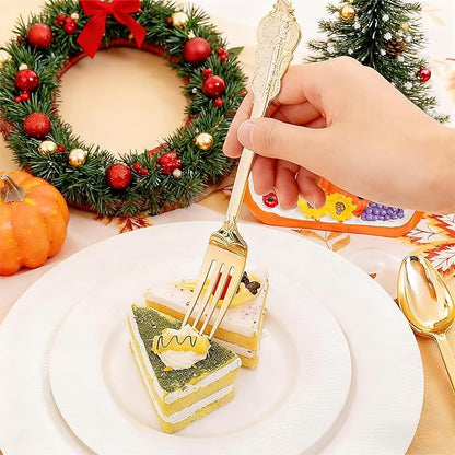 Liacere 400PCS Gold Plastic Silverware - Pre Rolled Napkins Disposable Gold Plastic Cutlery-Premium Quality Utensils-Includes 100Forks,100Knives,100Spoons,100 Napkins & Wedding & New Year