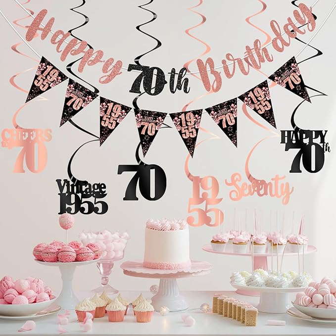 70th Birthday Decorations for Women, Black Rose Gold Happy 70th Birthday Banner Hanging Swirls Vintage 1955 Decorations Kit Cheers to 70 Party Supplies
